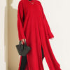 Long Ribbed Knit Tunic with Side Slit Details Red
