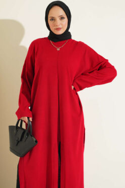 Alternative view of Long Ribbed Knit Tunic with Side Slit Details Red