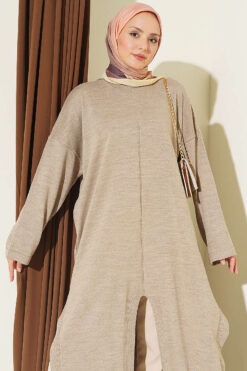Alternative view of Long Ribbed Knit Tunic with Side Slit Details Latte
