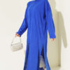 Long Ribbed Knit Tunic with Side Slit Details Saxon Blue