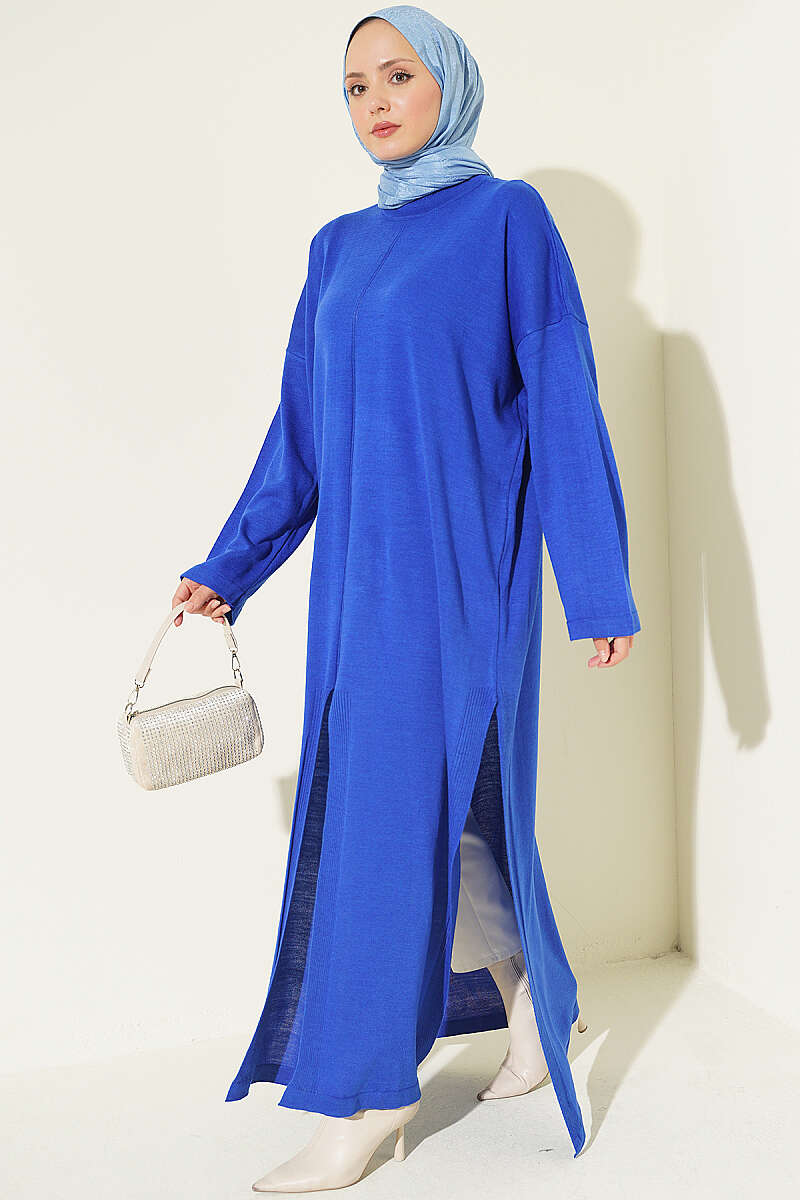 Long Ribbed Knit Tunic with Side Slit Details Saxon Blue