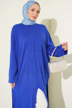 Alternative view of Long Ribbed Knit Tunic with Side Slit Details Saxon Blue