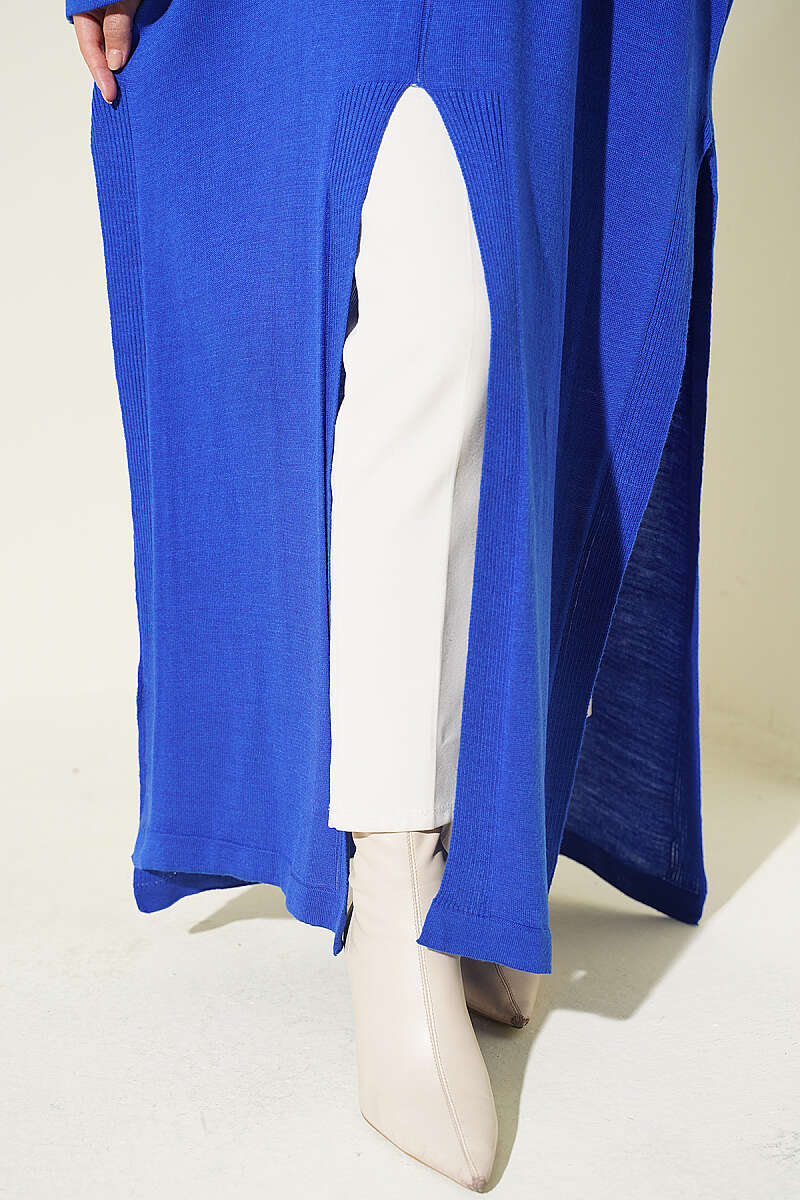Long Ribbed Knit Tunic with Side Slit Details Saxon Blue - immagine 4