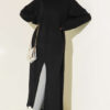 Long Ribbed Knit Tunic with Side Slit Details Black