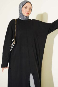Alternative view of Long Ribbed Knit Tunic with Side Slit Details Black