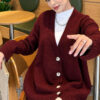 V-Neck Button-Front Oversized Knit Cardigan Burgundy