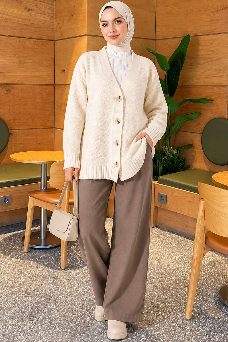 V-Neck Button-Front Oversized Knit Cardigan Ecru – Bild 3