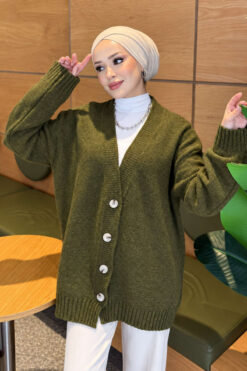 Alternative view of V-Neck Button-Front Oversized Knit Cardigan Khaki