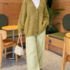 V-Neck Button-Front Oversized Knit Cardigan Oil Green – Image 2