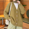 V-Neck Button-Front Oversized Knit Cardigan Oil Green – Image 4