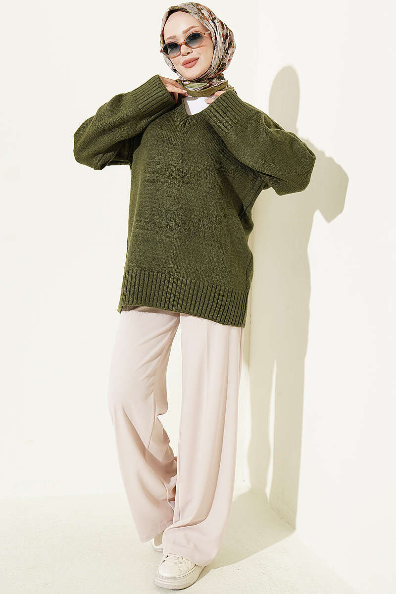 V-Neck Ribbed Knit Tunic Khaki - Imagen 2