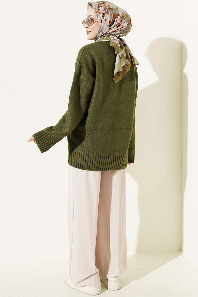 V-Neck Ribbed Knit Tunic Khaki - Imagen 3