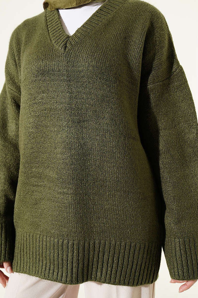V-Neck Ribbed Knit Tunic Khaki - Imagen 4