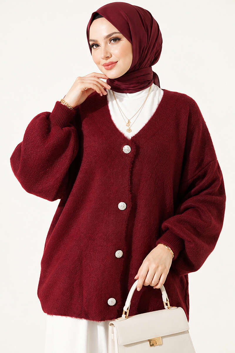 V-Neck Bearded Button-up Cardigan Burgundy – Image 2
