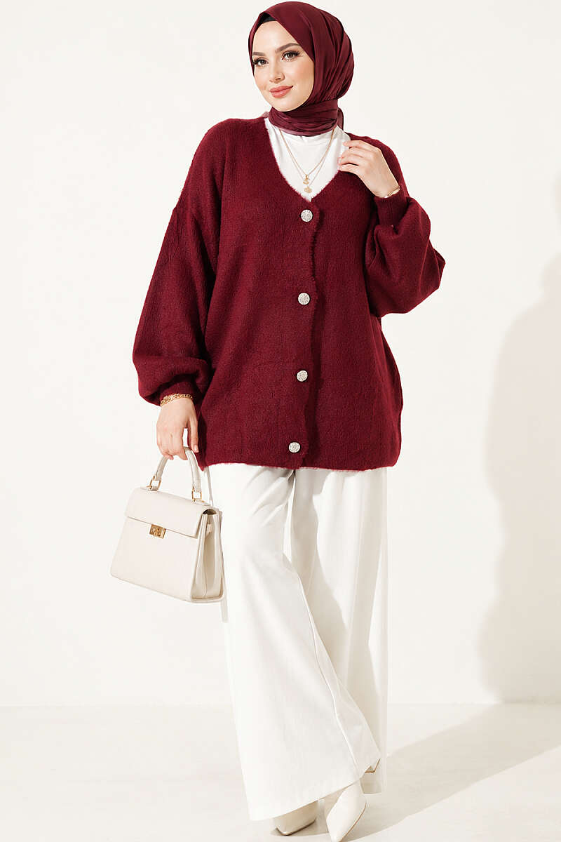 V-Neck Bearded Button-up Cardigan Burgundy – Image 3