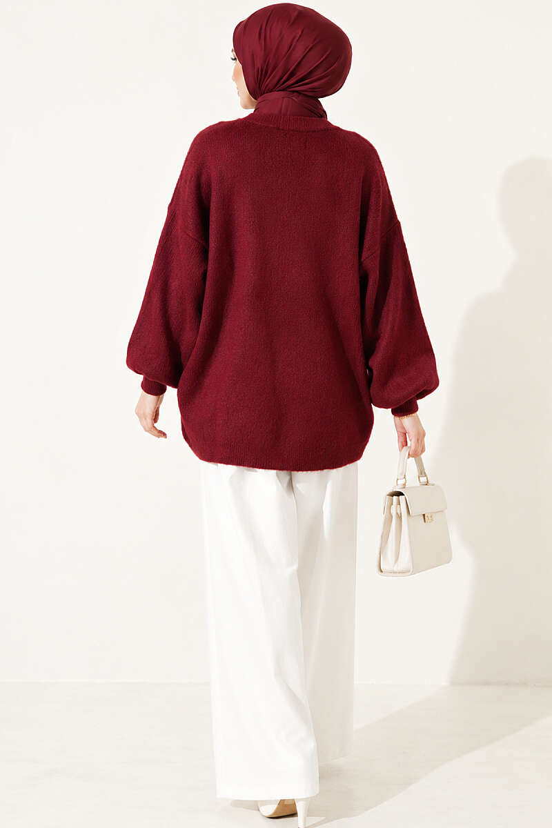 V-Neck Bearded Button-up Cardigan Burgundy – Image 4