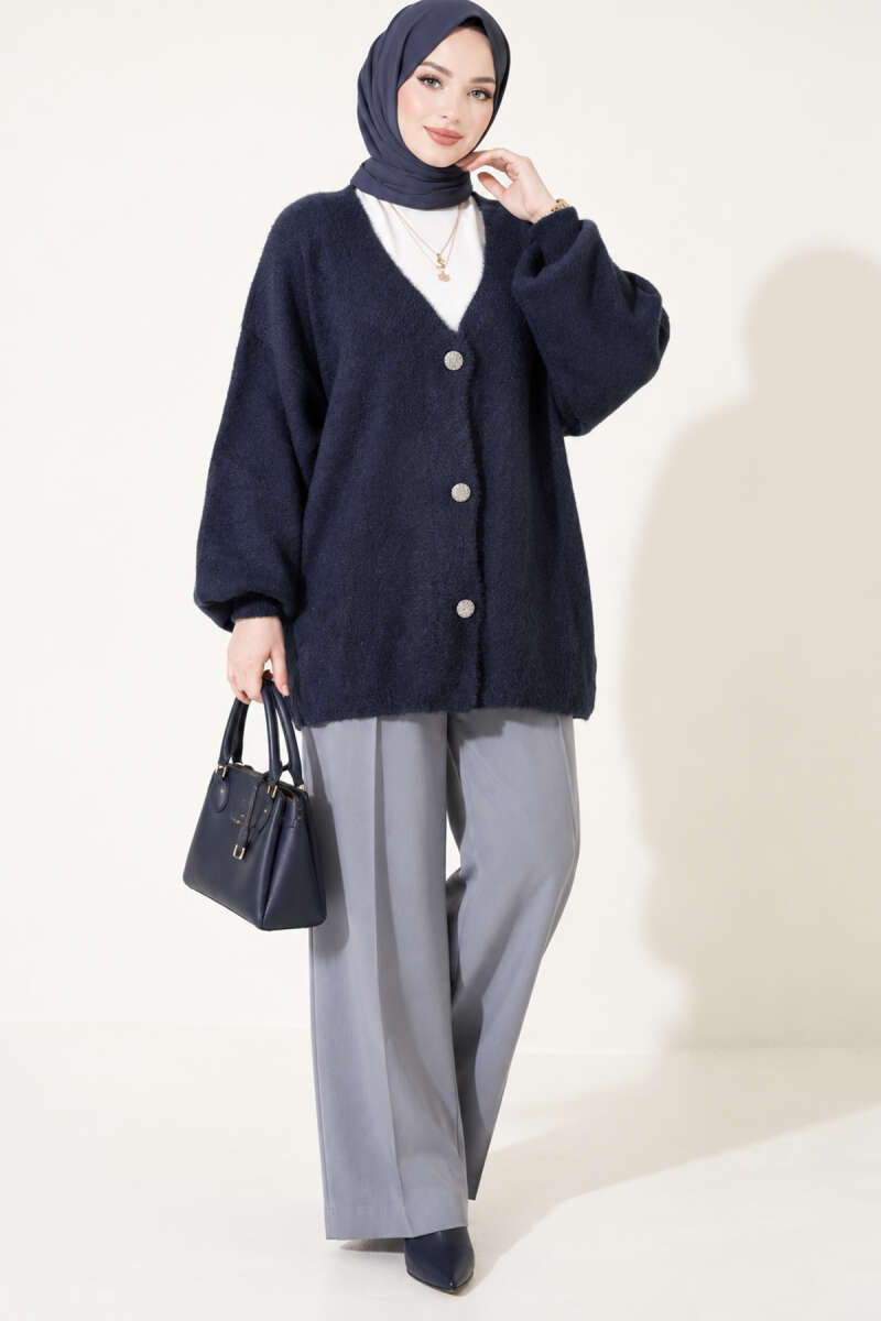 V-Neck Bearded Button-up Cardigan Navy Blue - immagine 3