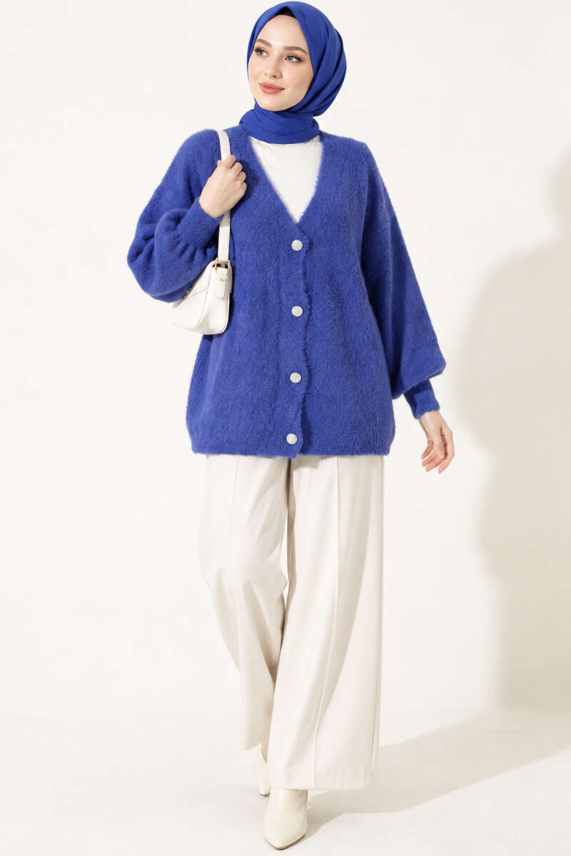V-Neck Bearded Button-up Cardigan Saxon Blue - Imagen 3