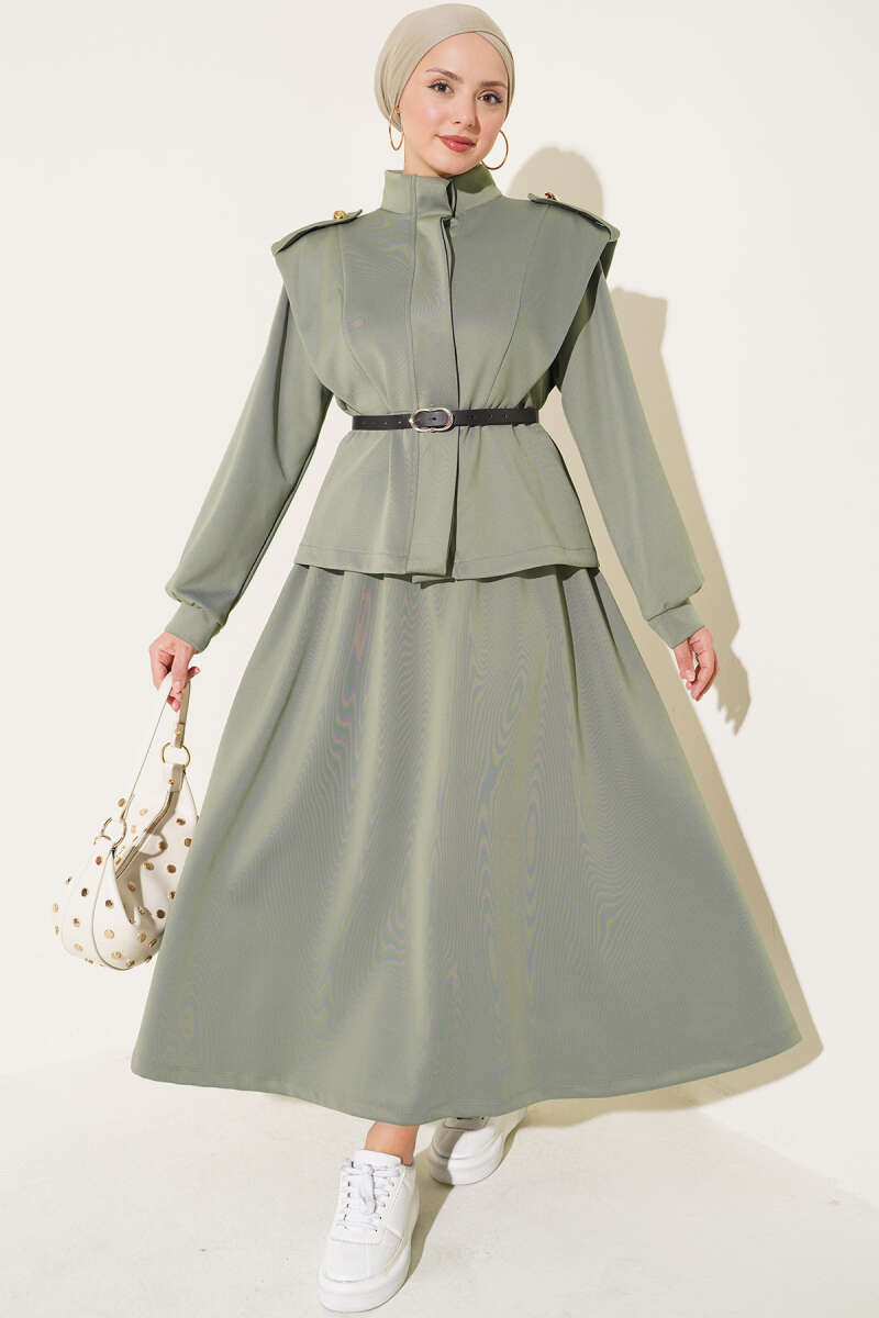Puffed Shoulder Scuba Two-Piece Set with Hem Edge Khaki
