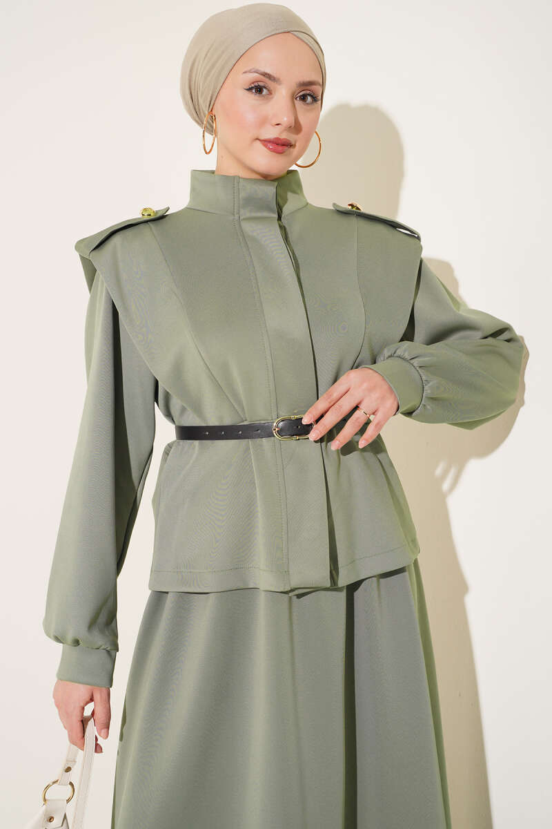 Puffed Shoulder Scuba Two-Piece Set with Hem Edge Khaki – Image 2