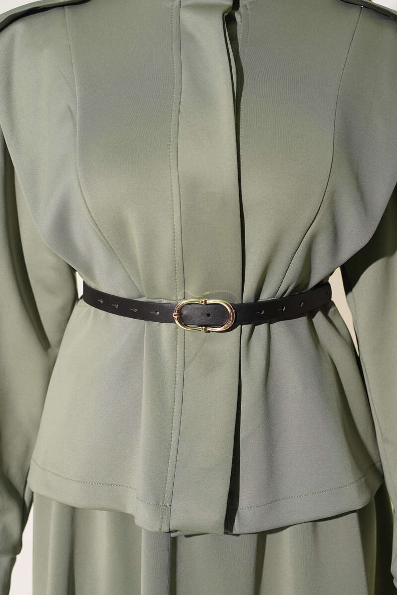 Puffed Shoulder Scuba Two-Piece Set with Hem Edge Khaki – Image 3