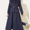 Puffed Shoulder Scuba Two-Piece Set with Hem Edge Navy Blue
