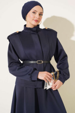 Alternative view of Puffed Shoulder Scuba Two-Piece Set with Hem Edge Navy Blue