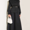 Puffed Shoulder Scuba Two-Piece Set with Hem Edge Black