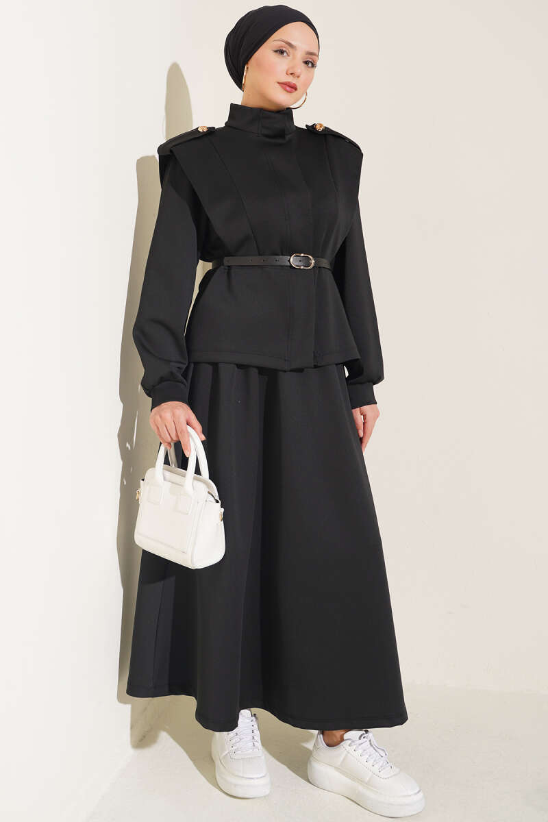Puffed Shoulder Scuba Two-Piece Set with Hem Edge Black