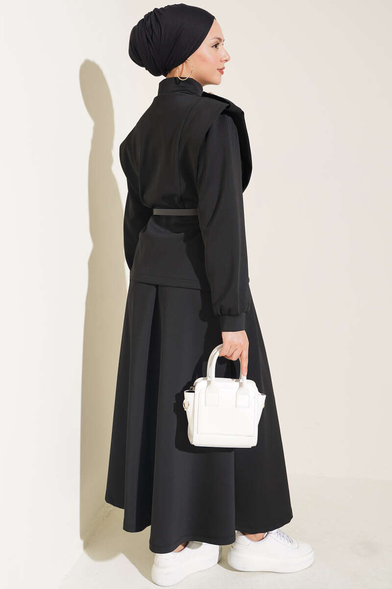 Puffed Shoulder Scuba Two-Piece Set with Hem Edge Black - immagine 3