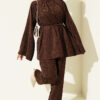 Velvet Two-Piece Set with Drawstring Neck and Waist Ties Brown