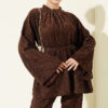 Velvet Two-Piece Set with Drawstring Neck and Waist Ties Brown – Bild 2