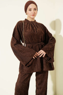 Alternative view of Velvet Two-Piece Set with Drawstring Neck and Waist Ties Brown
