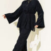 Velvet Two-Piece Set with Drawstring Neck and Waist Ties Navy Blue