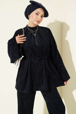 Alternative view of Velvet Two-Piece Set with Drawstring Neck and Waist Ties Navy Blue