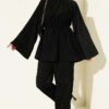 Velvet Two-Piece Set with Drawstring Neck and Waist Ties Black
