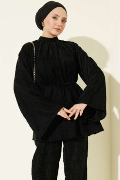 Alternative view of Velvet Two-Piece Set with Drawstring Neck and Waist Ties Black