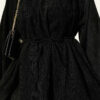 ⁦Velvet Two-Piece Set with Drawstring Neck and Waist Ties Black⁩ - الصورة ⁦4⁩