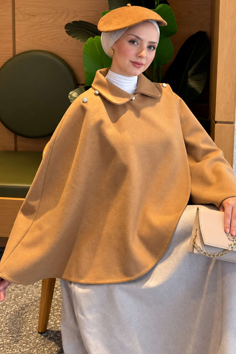 Button-Detail Collar Poncho Camel