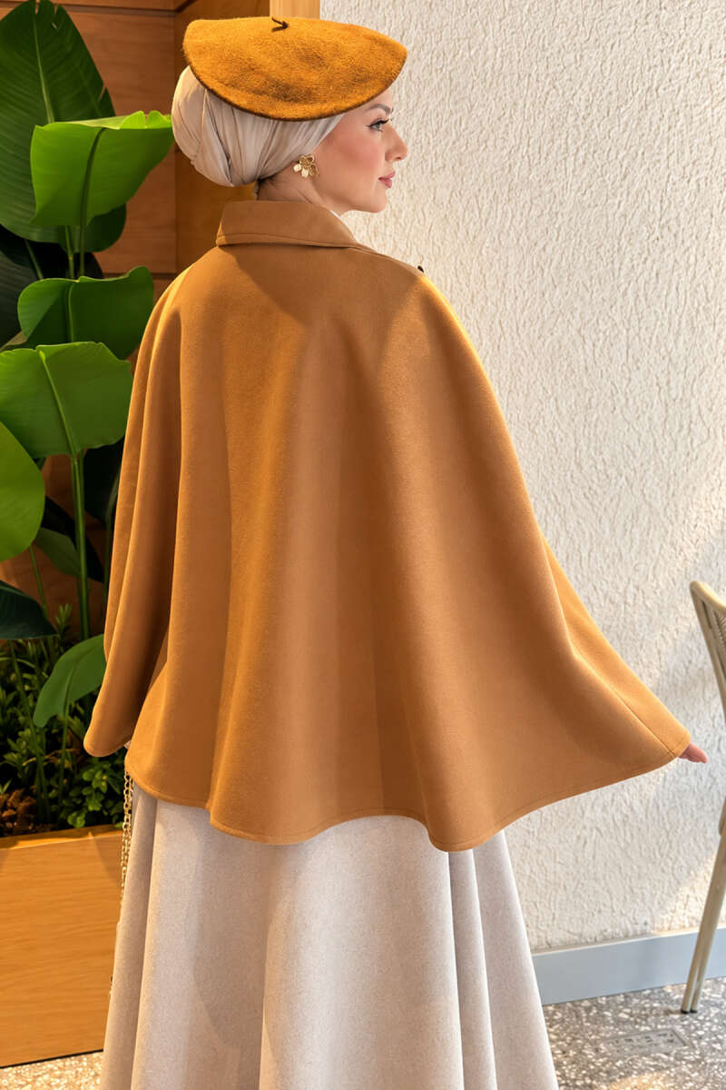 Button-Detail Collar Poncho Camel - الصورة 3