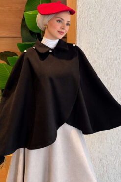 Button-Detail Collar Poncho Black