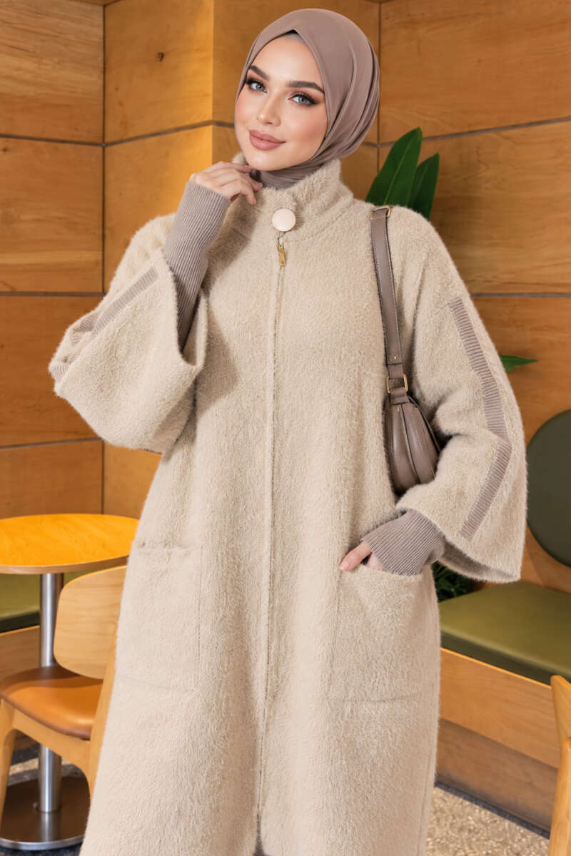Long cardigan with a collar, button closure, and a beard pattern Beige - Afbeelding 2