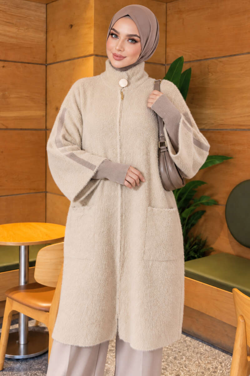 Long cardigan with a collar, button closure, and a beard pattern Beige - Afbeelding 3