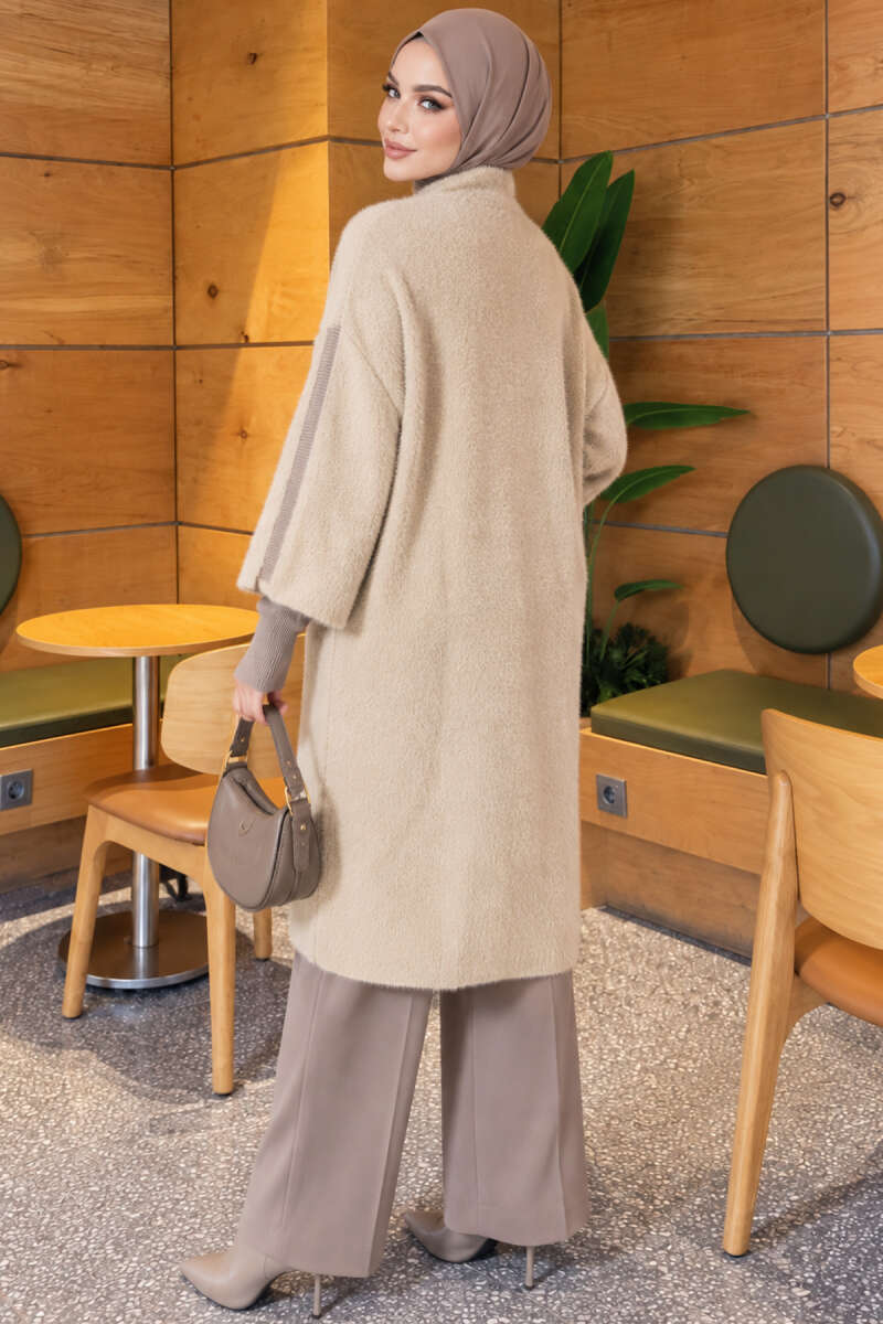 Long cardigan with a collar, button closure, and a beard pattern Beige - Afbeelding 4
