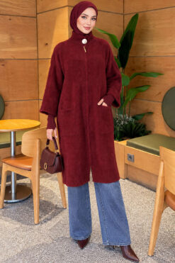 Alternative view of Long cardigan with a collar, button closure, and a beard pattern Burgundy