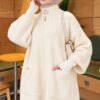 Long cardigan with a collar, button closure, and a beard pattern Ecru