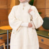 Long cardigan with a collar, button closure, and a beard pattern Ecru - immagine 3