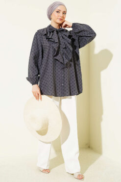 Alternative view of Ruffled Collar Tied Polka Dot Shirt Slate Grey