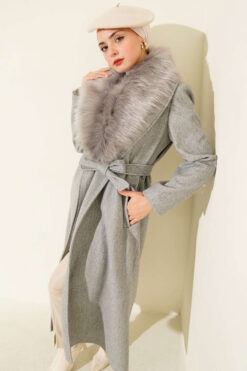 Long Coat with Fur-Trimmed Collar and Belt Grey