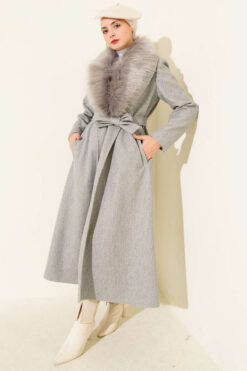 Alternative view of Long Coat with Fur-Trimmed Collar and Belt Grey